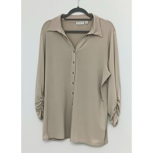 Susan Graver Blouse Women's Size Large Tan Button Down Ruched Sleeve Minimalist
